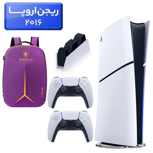 پلی استیشن 5 اسلیم ( PS5 Slim ) دیجیتال ریجن اروپا 2016 + کوله پشتی DeadSkull بنفش  + دسته سفید + استند شارژ
