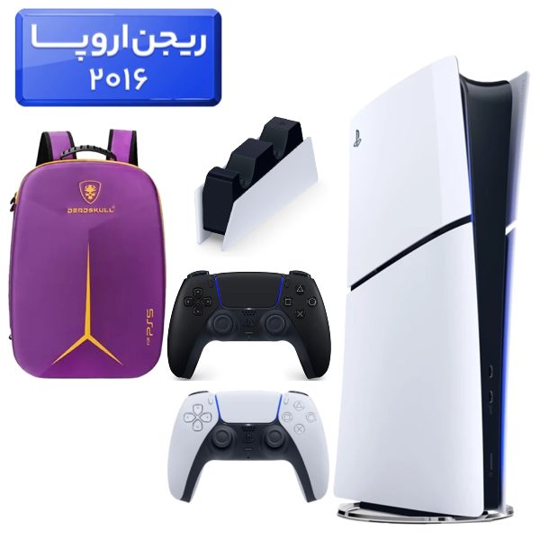 پلی استیشن 5 اسلیم ( PS5 Slim ) دیجیتال ریجن اروپا 2016 + کوله پشتی DeadSkull بنفش  + دسته مشکی + استند شارژ