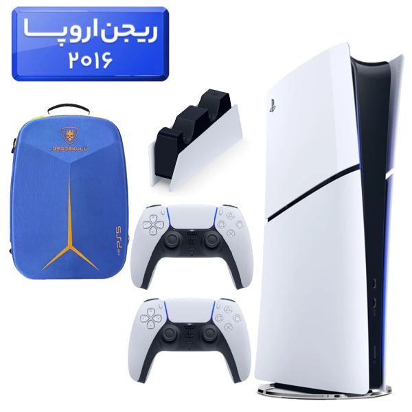 پلی استیشن 5 اسلیم ( PS5 Slim ) دیجیتال ریجن اروپا 2016 + کوله پشتی DeadSkull آبی + دسته سفید + استند شارژ