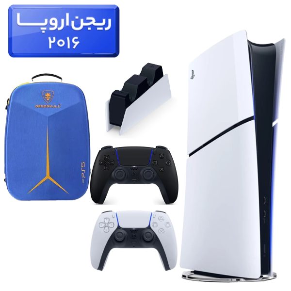 پلی استیشن 5 اسلیم ( PS5 Slim ) دیجیتال ریجن اروپا 2016 + کوله پشتی DeadSkull آبی + دسته مشکی + استند شارژ