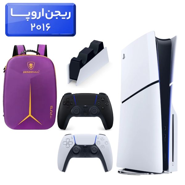 پلی استیشن 5 اسلیم ( PS5 Slim ) دیسک خور ریجن اروپا 2016 + کوله پشتی DeadSkull بنفش  + دسته مشکی  + استند شارژ