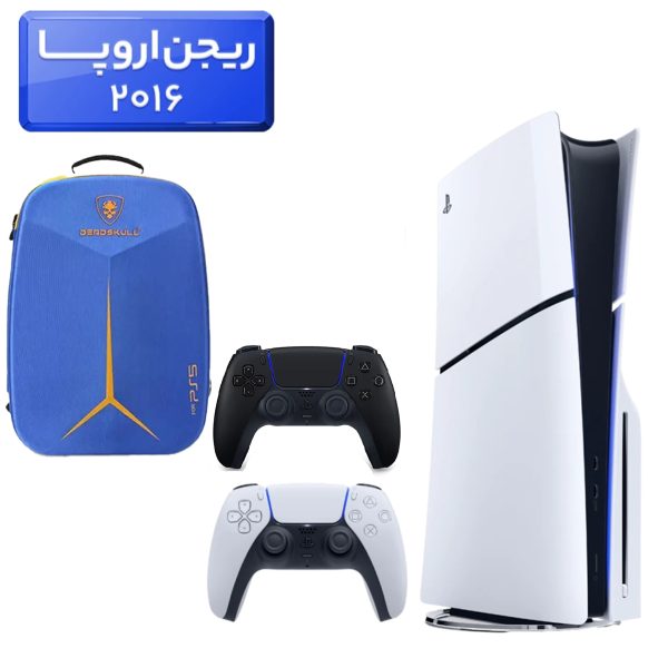 پلی استیشن 5 اسلیم ( PS5 Slim ) دیسک خور ریجن اروپا 2016 + کوله پشتی DeadSkull آبی + دسته مشکی