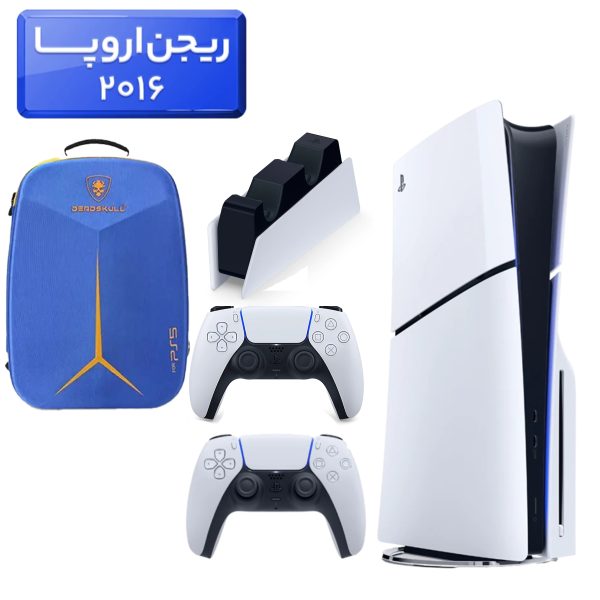 پلی استیشن 5 اسلیم ( PS5 Slim ) دیسک خور ریجن اروپا 2016 + کوله پشتی DeadSkull آبی + دسته سفید + استند شارژ