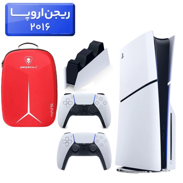 پلی استیشن 5 اسلیم ( PS5 Slim ) دیسک خور ریجن اروپا 2016 + کوله پشتی DeadSkull قرمز + دسته سفید + استند شارژ