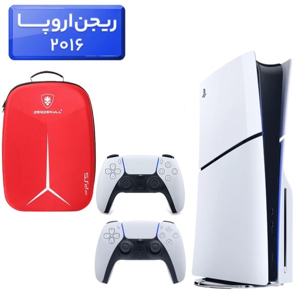 پلی استیشن 5 اسلیم ( PS5 Slim ) دیسک خور ریجن اروپا 2016 + کوله پشتی DeadSkull قرمز + دسته سفید
