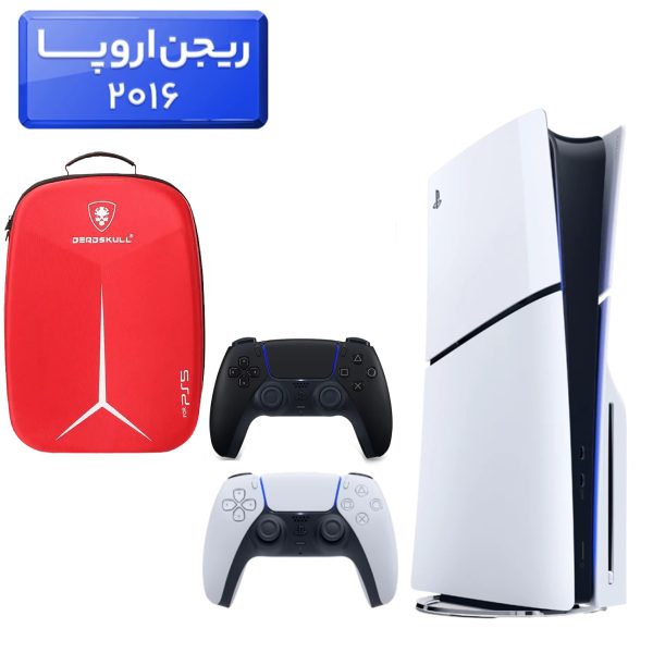 پلی استیشن 5 اسلیم ( PS5 Slim ) دیسک خور ریجن اروپا 2016 + کوله پشتی DeadSkull قرمز + دسته مشکی