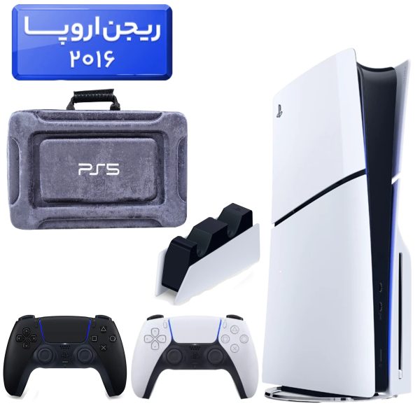 پلی استیشن 5 اسلیم ( PS5 Slim ) دیسک خور ریجن اروپا 2016 + کیف 3D NAKHL طوسی + دسته مشکی + استند شارژ