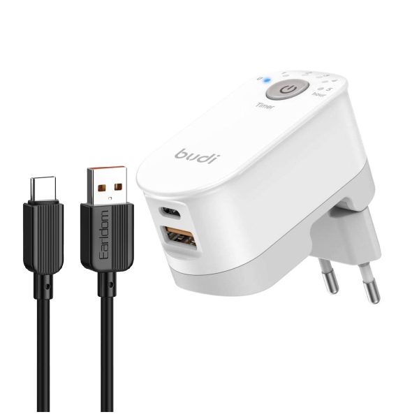 شارژر دیواری 36 وات دو پورت بودی مدل M8J030TE + کابل تبدیل USB به USB-C ارلدام فست شارژ مدل EC-183C