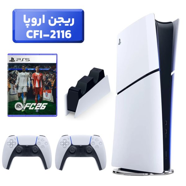 پلی استیشن 5 اسلیم ( PS5 Slim ) دیجیتال ریجن اروپا CFI-2116 + بازی FC26 + دسته سفید + استند شارژ