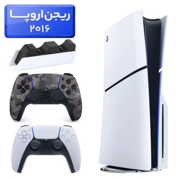 پلی استیشن 5 اسلیم ( PS5 Slim ) دیسک خور ریجن اروپا 2016 + دسته ارتشی + استند شارژ