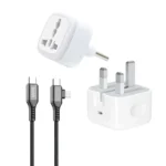 شارژر اپل 20 واتی مدل سه شاخه‌ + تبدیل برق 3 به 2 هادرون مدل A10-1 + کابل تبدیل USB-C و Lightning بودی مدل DC253TTL12B