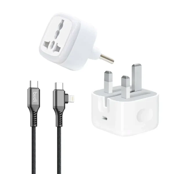 شارژر اپل 20 واتی مدل سه شاخه‌ + تبدیل برق 3 به 2 هادرون مدل A10-1 + کابل تبدیل USB-C و Lightning بودی مدل DC253TTL12B
