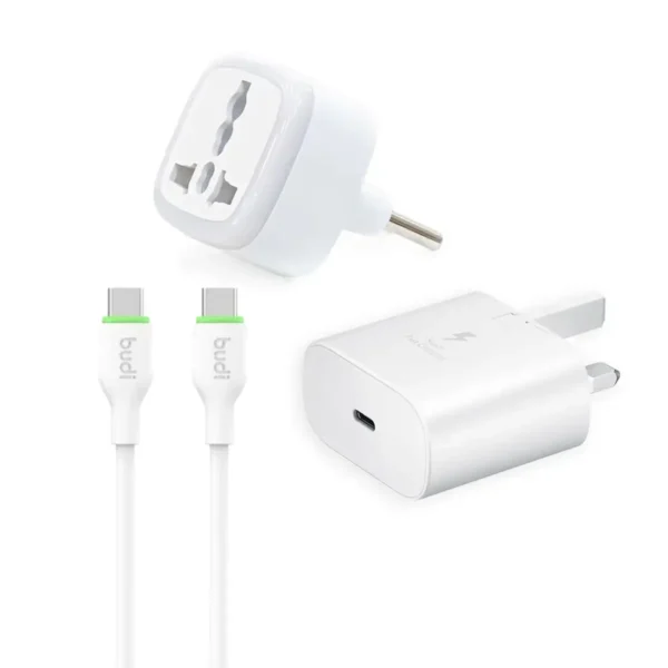شارژر سامسونگ 25 واتی مدل (سه شاخه‌ اروپا) + تبدیل برق 3 به 2 هادرون مدل A10-1 + کابل تبدیل USB-C بودی مدل DC261TT21W