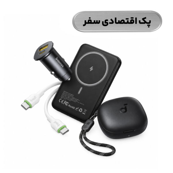 پاوربانک 20 وات انرجایزر مدل QM10006PQ + شارژر فندکی باسئوس مدل GO TRIP DP1 SERIES + کابل تبدیل USB-C بودی مدل DC261TT12W + هندزفری بلوتوثی انکر مدل Soundcore R50i